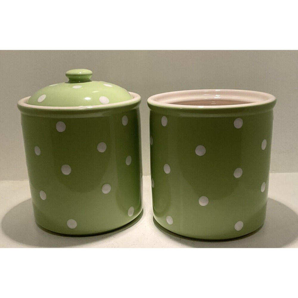 EUC Spode Baking Days Green Polka Dot 7” Canister W/Lid And Utensils Keeper.